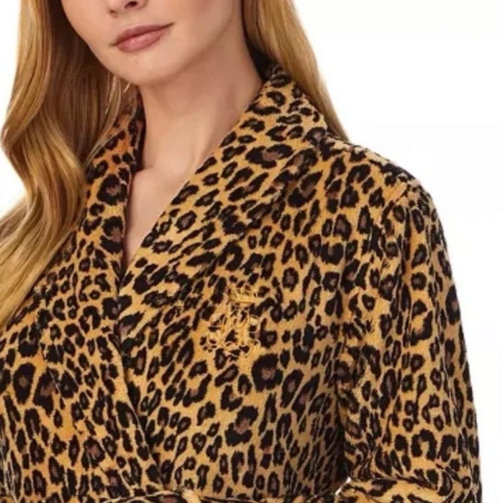 Lauren By Ralph Lauren Short Fleece Black and Tan Cheetah Print Bathrobe Size XL - Picture 3 of 9